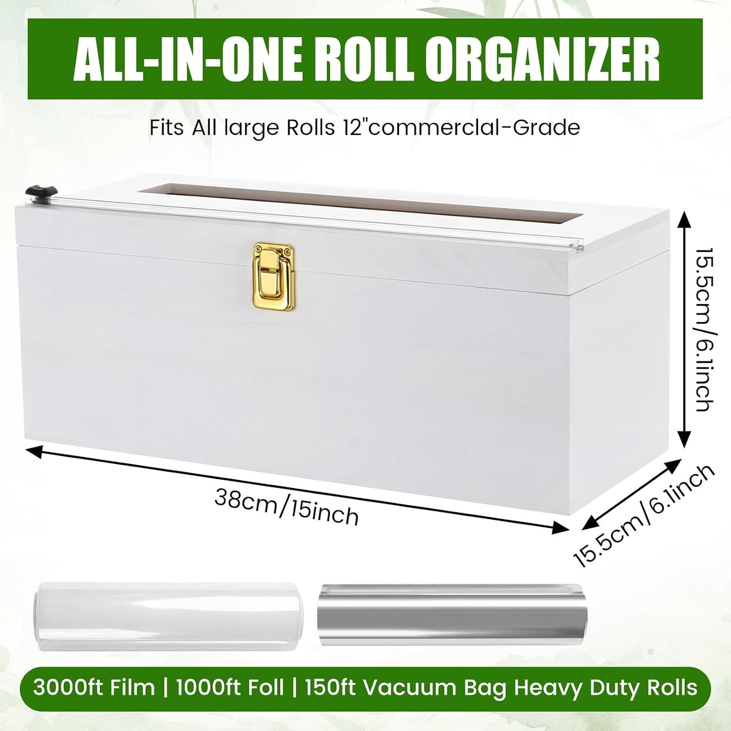 12" Commercial Plastic Wrap Dispenser with Cutter & Roller Heavy Duty Holder for 3000ft Film 1000ft Foil Roll for Restaurant Kitchen Foodservice