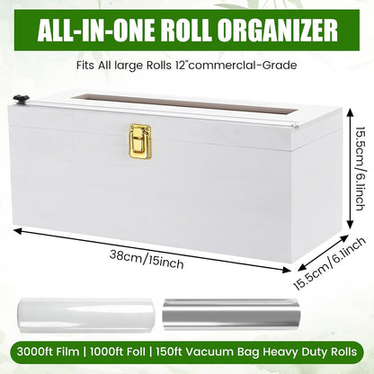 12" Commercial Plastic Wrap Dispenser with Cutter & Roller Heavy Duty Holder for 3000ft Film 1000ft Foil Roll for Restaurant Kitchen Foodservice