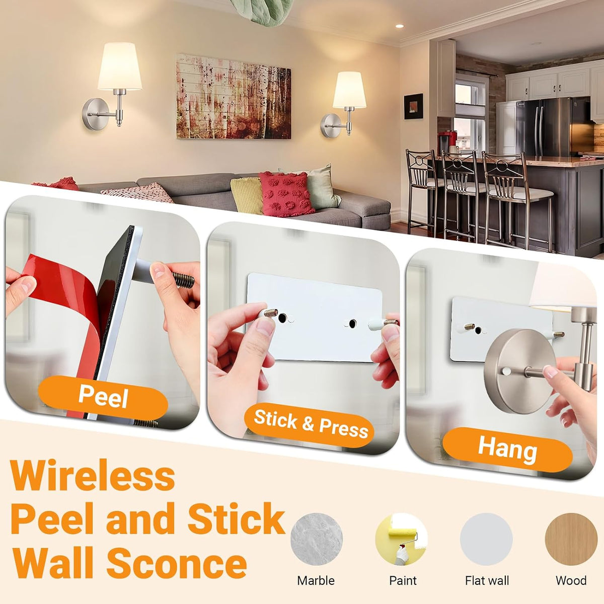 Nekhung Battery Operated Wall Sconce, Peel and Stick Sconces Set of 2