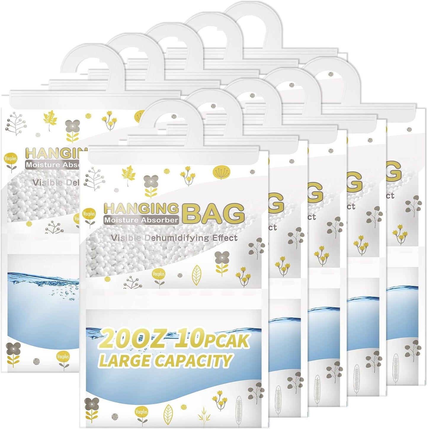 Vacplus Moisture Absorber, 9.8 OZ Hanging, Strong Absorption, Unscented | Closet, Enclosed Spaces, Bathroom, Odor Eliminator, Dehumidifier Bags, 10 Pack