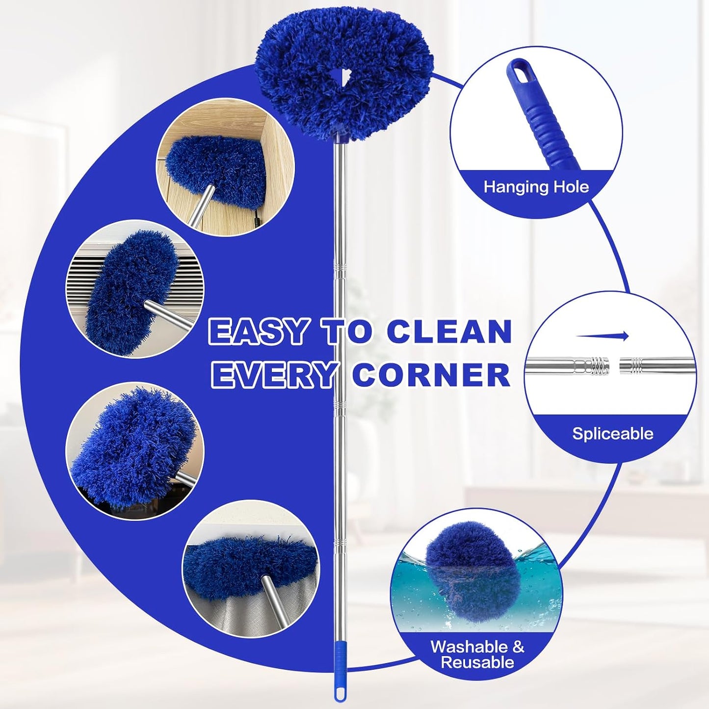 Ceiling Fan Cleaner Duster Reusable Microfiber Ceiling Fan Blade Cleaner Removable Duster with Extension Pole Adjusts 13 to 49.7 Inch for Cleaning Walls Bookshelves Furniture Door Window Top (Blue)