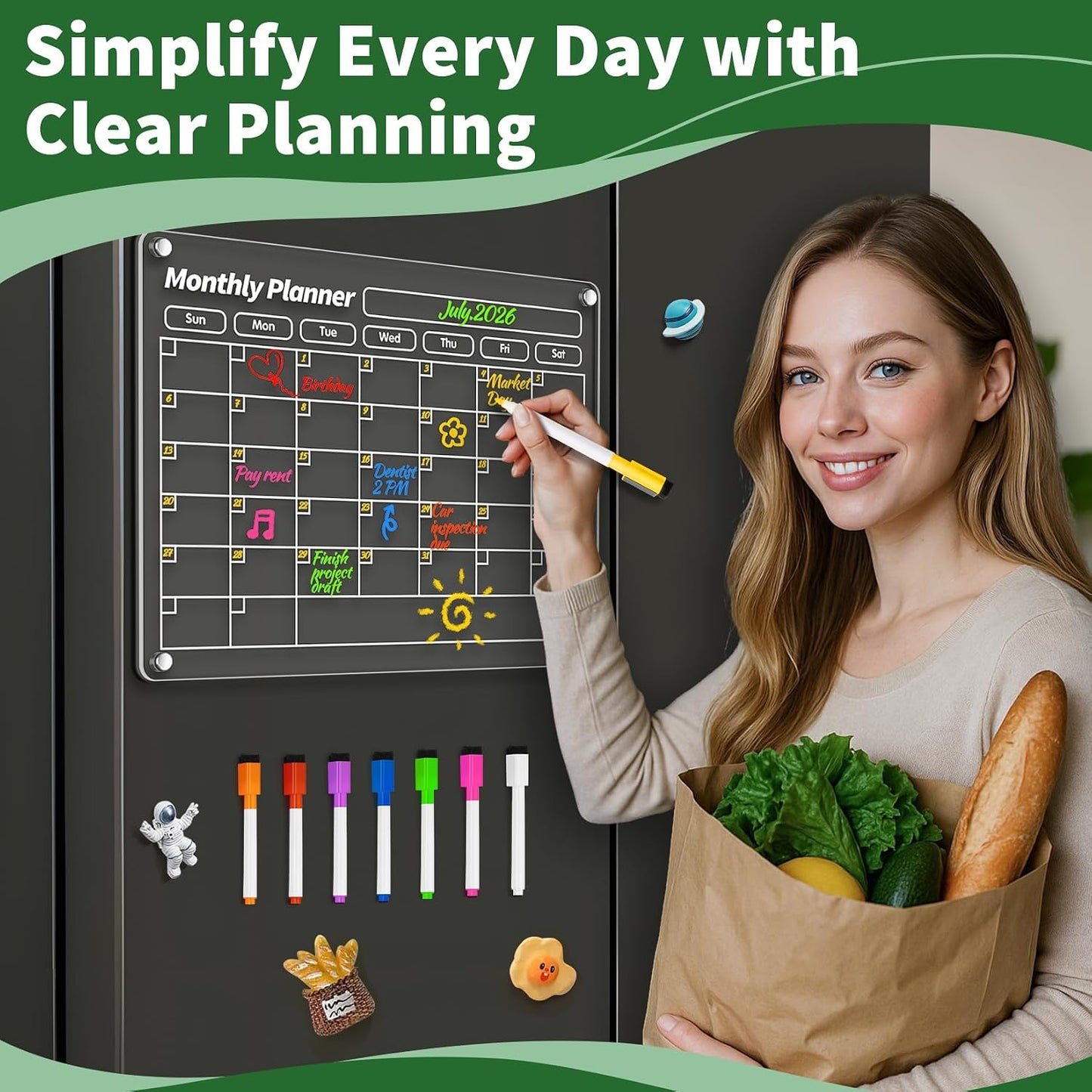 FINDMAG 4 Pack Fridge Calendar, Magnetic Calendar for Dry Erase, Black | Magnetic Dry Erase Board, Monthly Calendar for Fridge with 8 Markers & Eraser