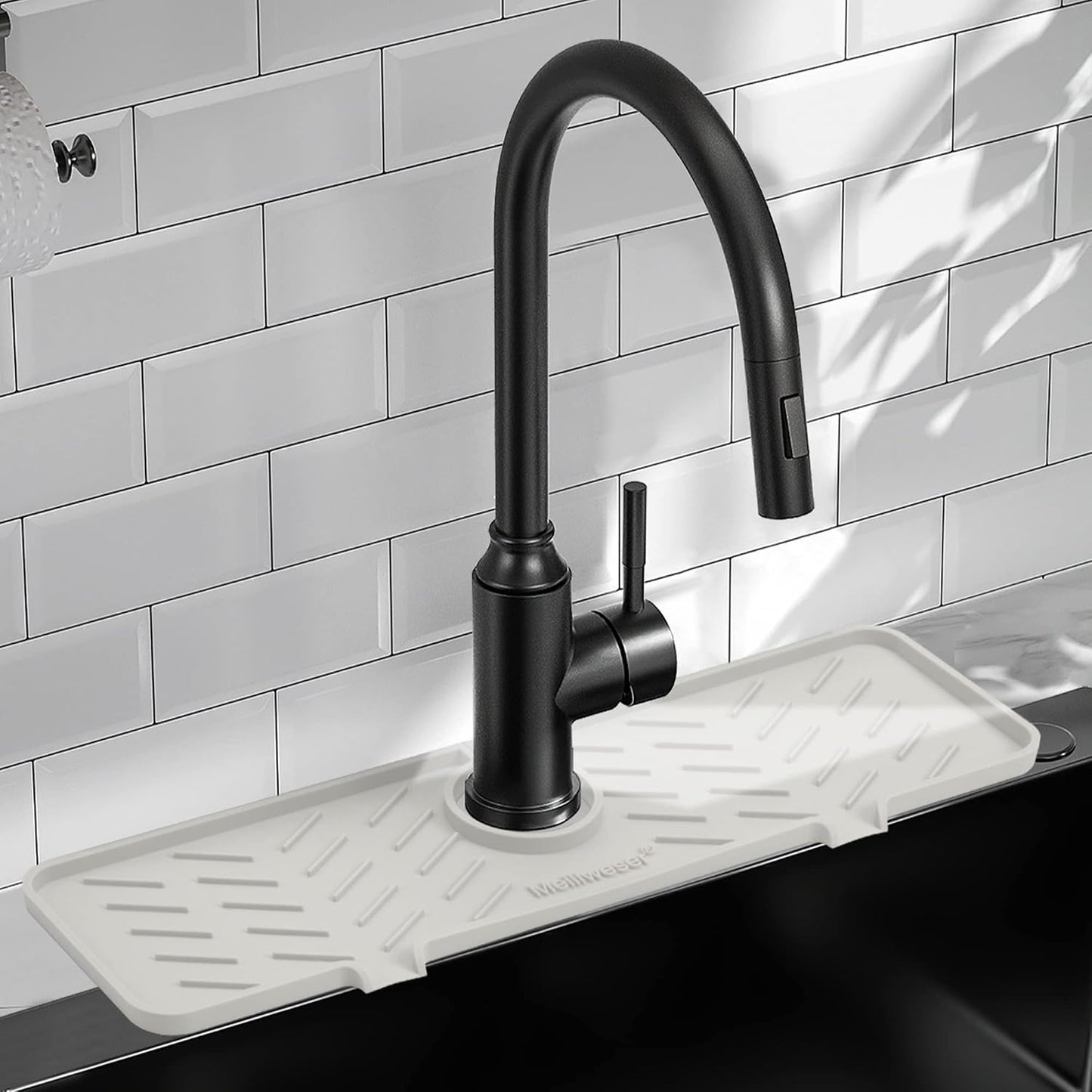 Silicone Faucet Mat for Kitchen Sink – Gen 2 Splash Guard with Upgraded Outlet & Slope – 18” x 5.1” Water Catcher & Sink Sponge Holder for Kitchen and Bathroom (Black)