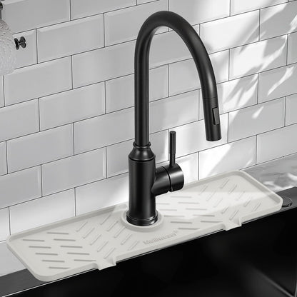 Silicone Faucet Mat for Kitchen Sink – Gen 2 Splash Guard with Upgraded Outlet & Slope – 18” x 5.1” Water Catcher & Sink Sponge Holder for Kitchen and Bathroom (Black)