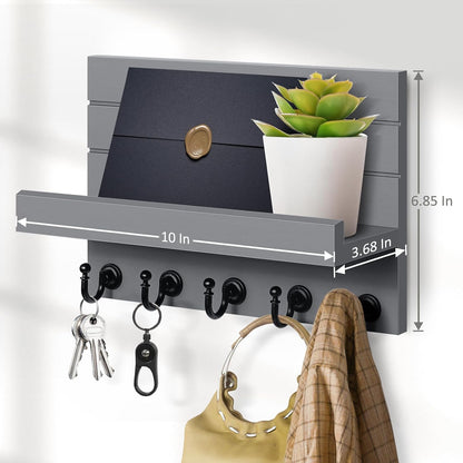HONJIN Key Holder Wall Mount with Shelf and 5 Sturdy Key Hooks (White) | Key and Mail Holder Wall Mount, Wooden Entryway Organizer and Decorative, Easy Installation, 10*3.8*6.85 Inch