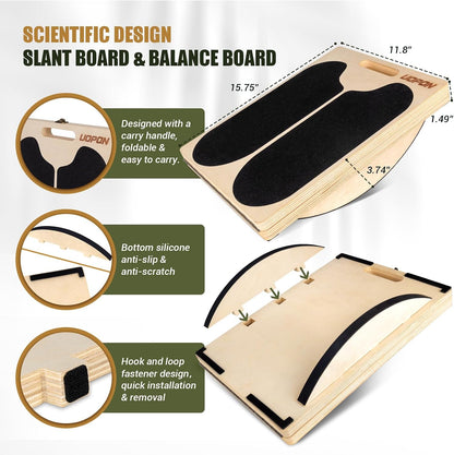 Slant Board Calf Stretching, 300 LBS Capacity Portable Wooden Incline Board | Training Poster, 5 Adjustable Angles, Non-Slip Calf Mobility Board for Legs, Ankles, Knees, Heels, Physical Therapy & Squats