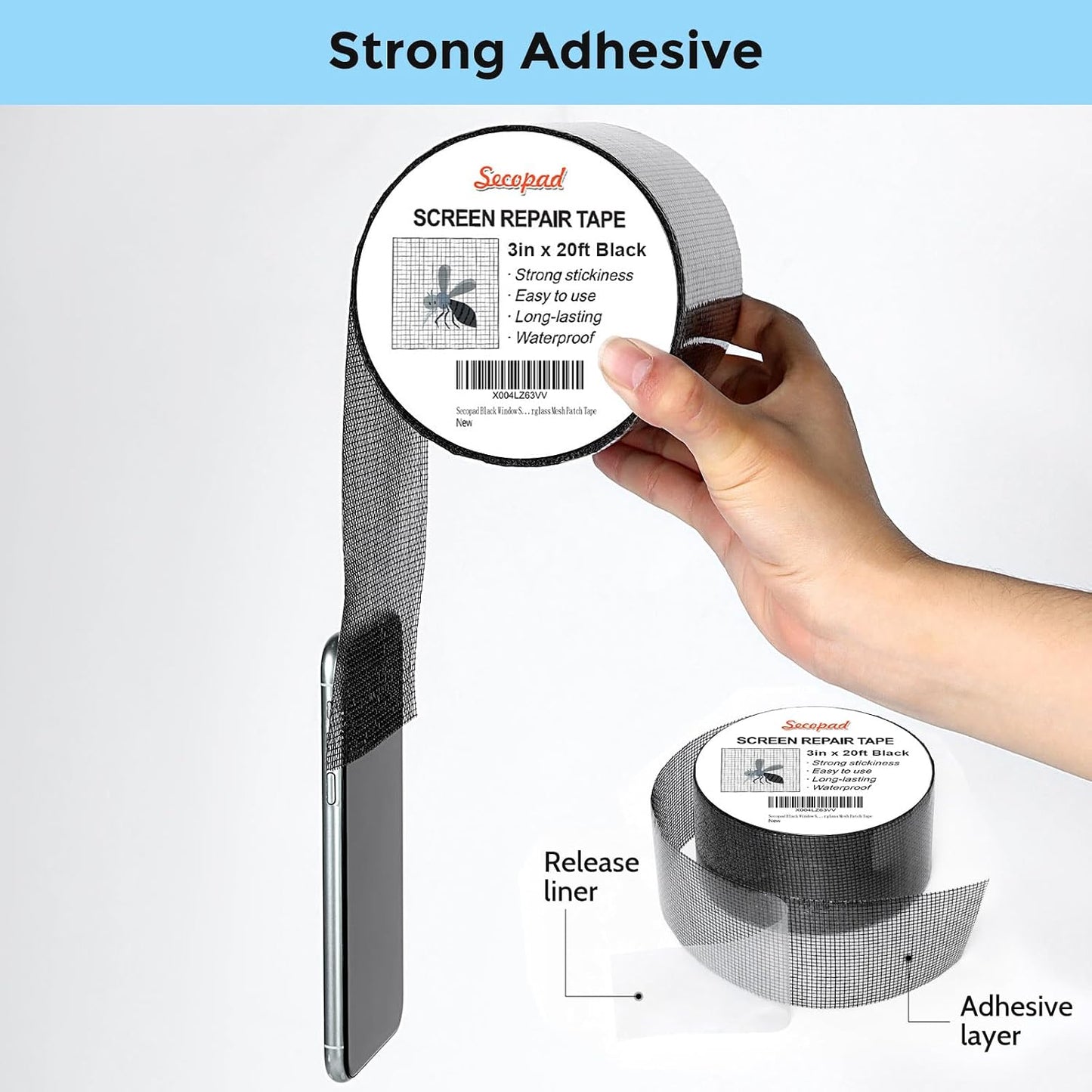 Secopad 2" x 180" (15FT) Screen Repair Tape, Screen Repair Kit, Black | Window Screen Patch, Quick Repair, Strong Adhesive, Easy to Use, For Mesh Window & Door, Cuttable Fiberglass, No Tools Needed