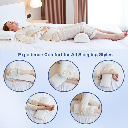 Knee Pillow for Back Sleeping, Memory Foam Bolster Pillow for Legs, Under Knee Pillow for Sleeping, Leg Pillow for Back & Hip Pain Relief, Half Moon Boslter, White