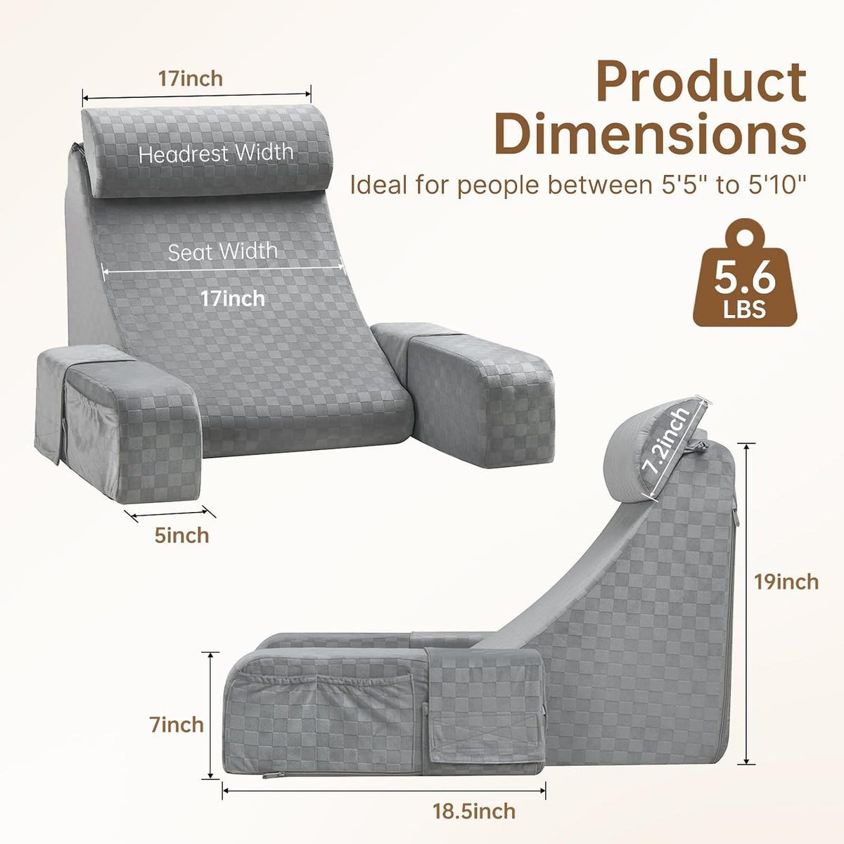 Vekkia 19'' Reading Pillow for Adults with XL Side Pockets, Adjustable Arms
