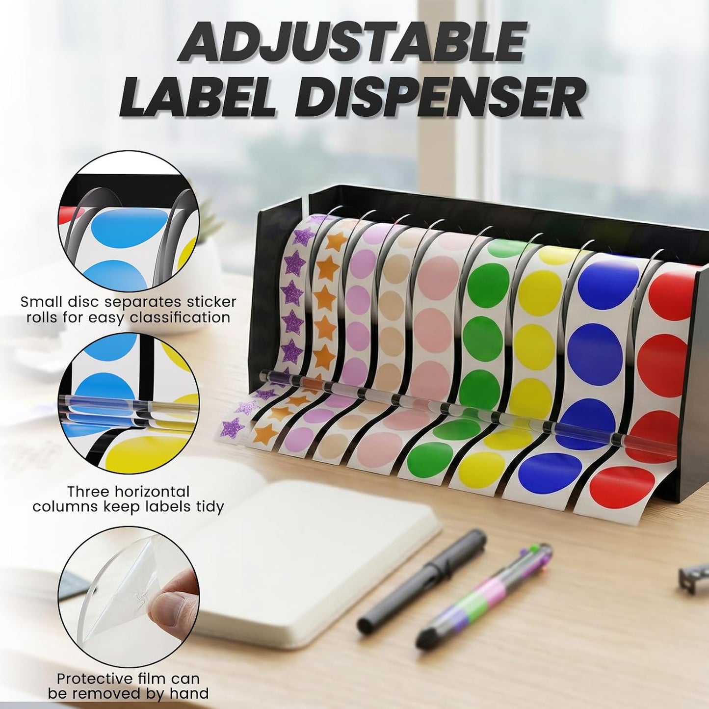 Sticker Dispenser Adjustable Label Roll Holder 2 Divider Disks | Holds 3 Rolls, Easy Assembly, Durable Acrylic, Fits Multiple Roll Sizes, Smooth Dispensing, Home, Office, Retail, Business