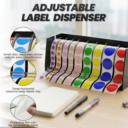 Sticker Dispenser Adjustable Label Roll Holder 2 Divider Disks | Holds 3 Rolls, Easy Assembly, Durable Acrylic, Fits Multiple Roll Sizes, Smooth Dispensing, Home, Office, Retail, Business