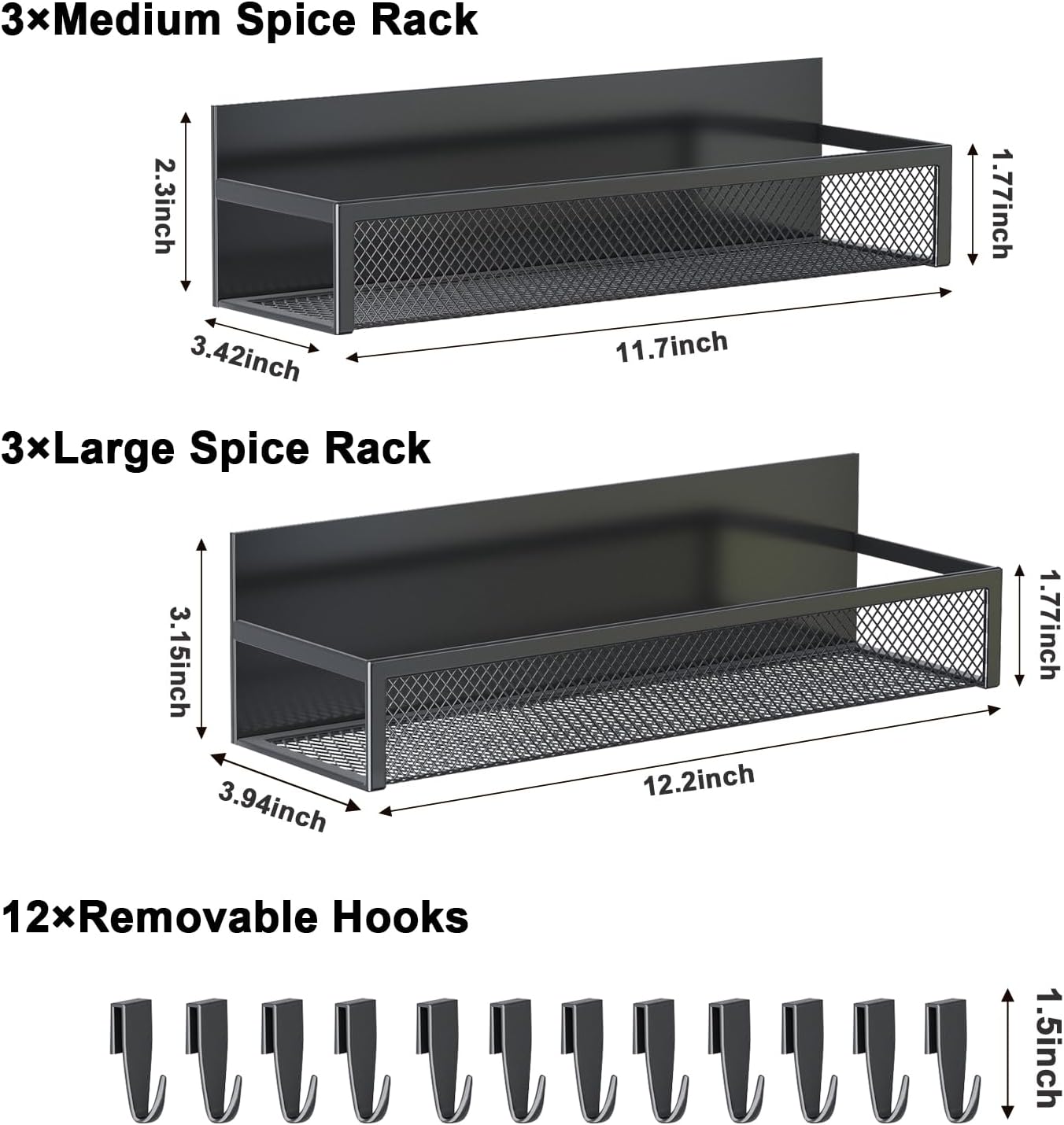 Aufworld Magnetic Spice Rack for Refrigerator, 3 Pack Magnetic Shelf, Moveable Fridge Organizer with 8-Hook Rack, Seasoning Organizer for Kitchen