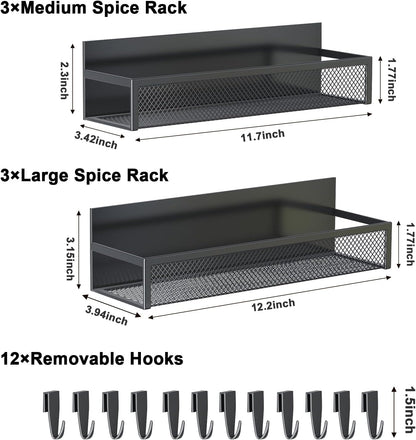 Aufworld Magnetic Spice Rack for Refrigerator, 3 Pack Magnetic Shelf, Moveable Fridge Organizer with 8-Hook Rack, Seasoning Organizer for Kitchen