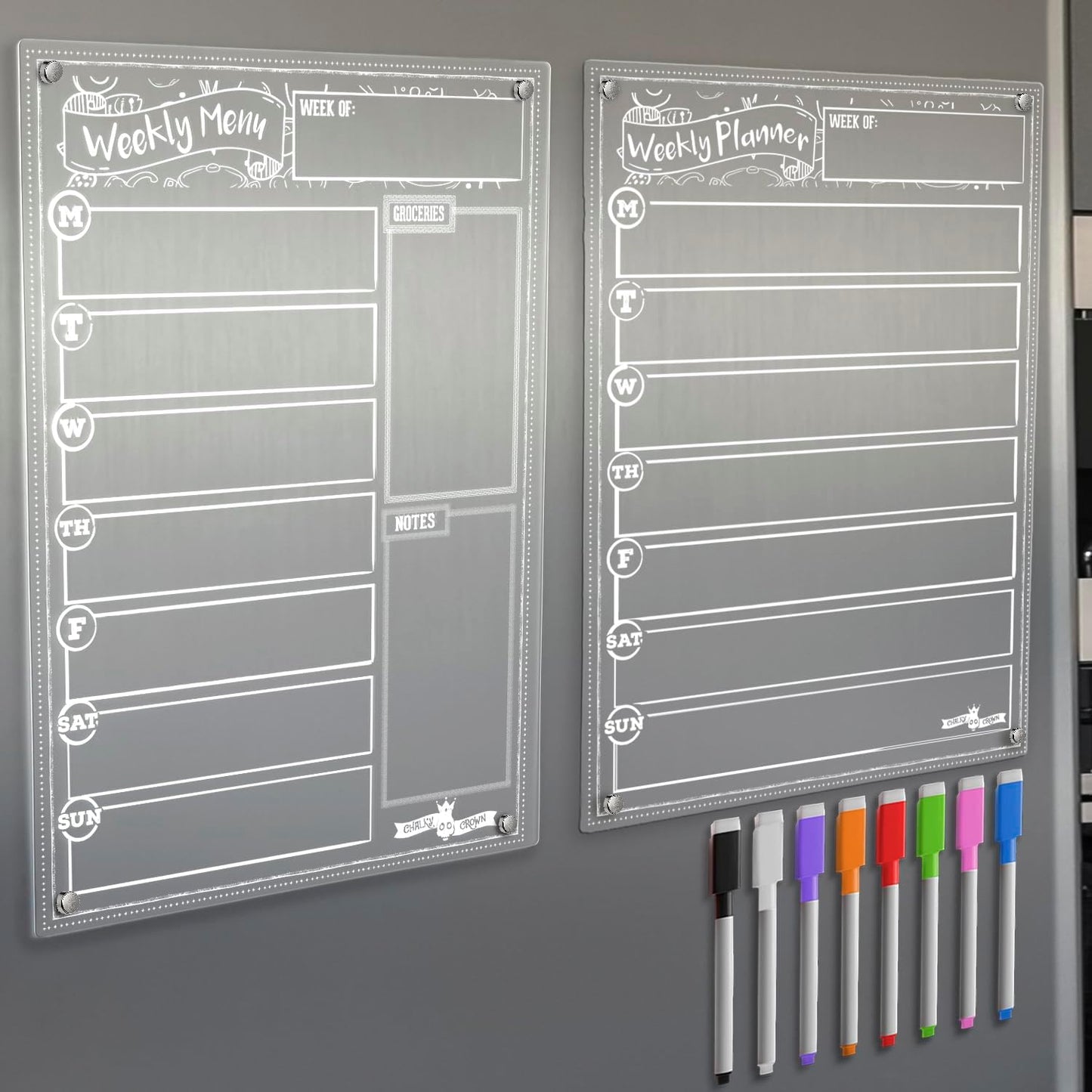 CHALKY CROWN Magnetic Dry Erase Menu Board - Black - 15.6" x 11.6" | Magnetic Weekly Meal Planner & Grocery List for Fridge - Includes 4 Liquid Chalk Markers - Easy to Write & Wipe Clean Design