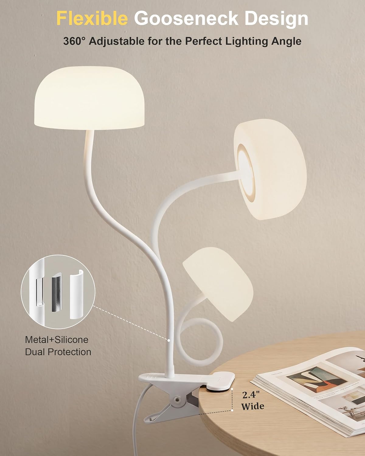 Clip on Light for Bed, Headboard Reading Lamp, Dorm Room Essentials | Flexible Mushroom Desk Lamp, Top & Bottom Lighting, 3 Colors Modes+670nm Red Light LEDs, 5 Brightness,Timer, Adapter Included
