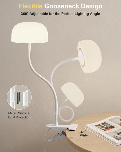 Clip on Light for Bed, Headboard Reading Lamp, Dorm Room Essentials | Flexible Mushroom Desk Lamp, Top & Bottom Lighting, 3 Colors Modes+670nm Red Light LEDs, 5 Brightness,Timer, Adapter Included