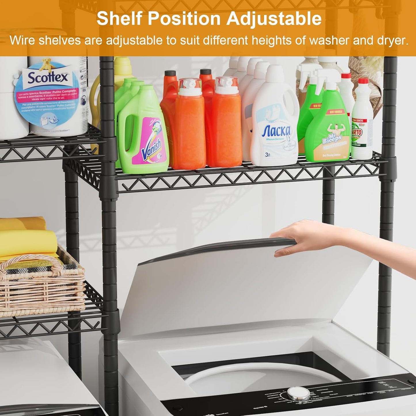 U15 Over Washer and Dryer Storage Shelves, Laundry Room Metal Rack | 6-Tier Shelf Space Saver Holds 568lbs, Above Washer Dryer Storage Rack for Organization, 63.4"W x 17.3"D x 76.4"H, Black
