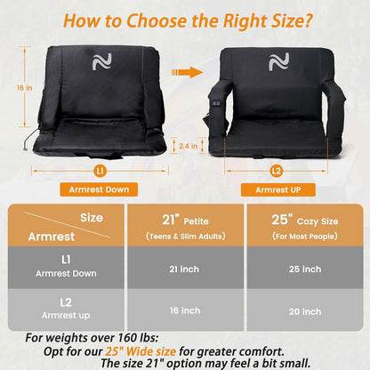25in 5.12" Extra Thick&Wide Heated Stadium Seat for Bleachers | Sofa Style Design Thick Bleacher Chair With Back and Comfy Cushion, 6 Reclining Positions, 3 Heat Levels (NO Battery)
