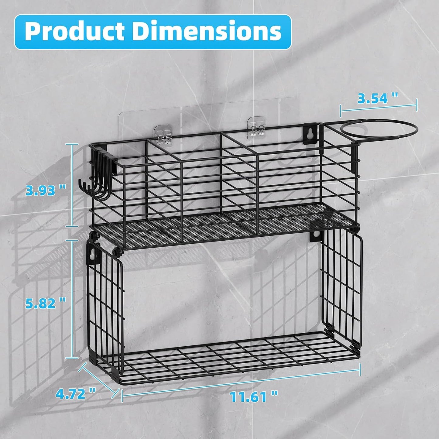 3 Tier Hair Tool Organizer Wall Mount, curling iron holder Basket, Black | Metal Mesh, Hair Dryer Holder, Bathroom Hair Styling Tool Organizer, Blow Dryer Holder, Hair Straightener Organizer