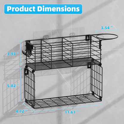 3 Tier Hair Tool Organizer Wall Mount, curling iron holder Basket, Black | Metal Mesh, Hair Dryer Holder, Bathroom Hair Styling Tool Organizer, Blow Dryer Holder, Hair Straightener Organizer