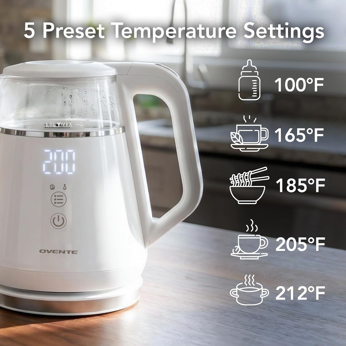 OVENTE 1L Electric Kettle with Temperature Control, 1500W, Black KD95B | Water Boiler With Digital Display, 5Hr Keep Warm, Auto Shut-Off, Double-Wall Cool-Touch Exterior, BPA-Free Borosilicate Glass