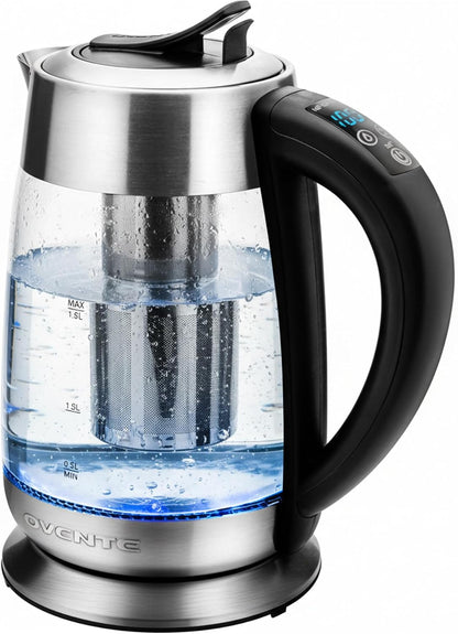 OVENTE 1.8L Glass Electric Kettle with Tea Infuser, Silver KGD752S | 1500W Fast Boiling, Easy Fill Lid, 7 Temperature Control, Keep Warm, Digital Display, Auto Shut-Off, Boil-Dry Protection