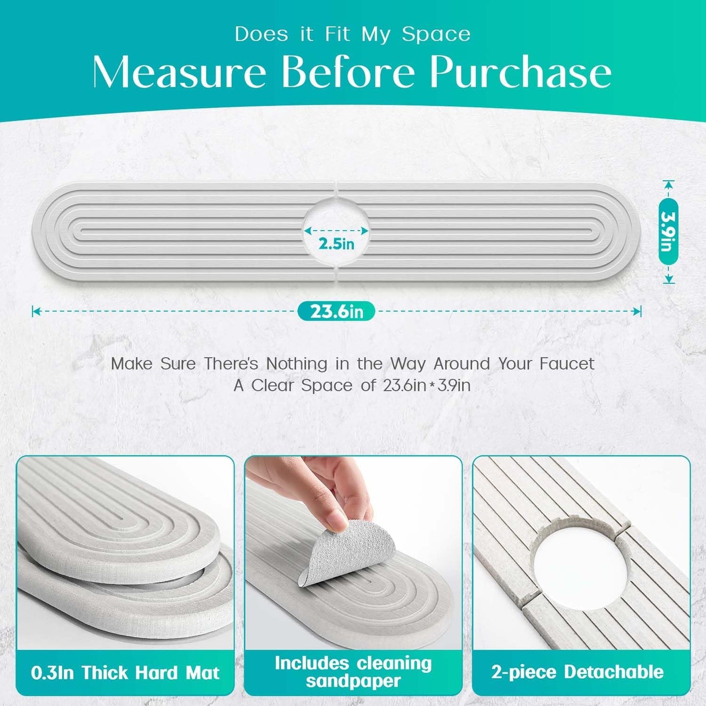 Stone Faucet Mat for Kitchen Sink – Diatomite Fast-Drying Stone Tray, Faucet Mat Sink Splash Guard, Decorative Sink Protector for Kitchen Bathroom Counter (Light Grey, 20''x3.9'')