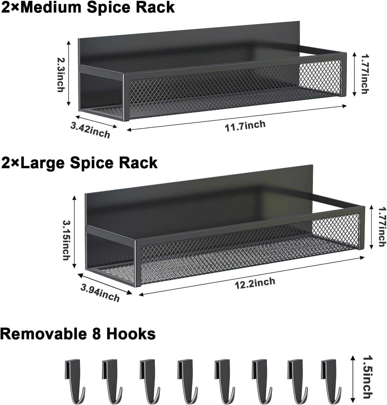 Aufworld Magnetic Spice Rack for Refrigerator, 3 Pack Magnetic Shelf, Moveable Fridge Organizer with 8-Hook Rack, Seasoning Organizer for Kitchen