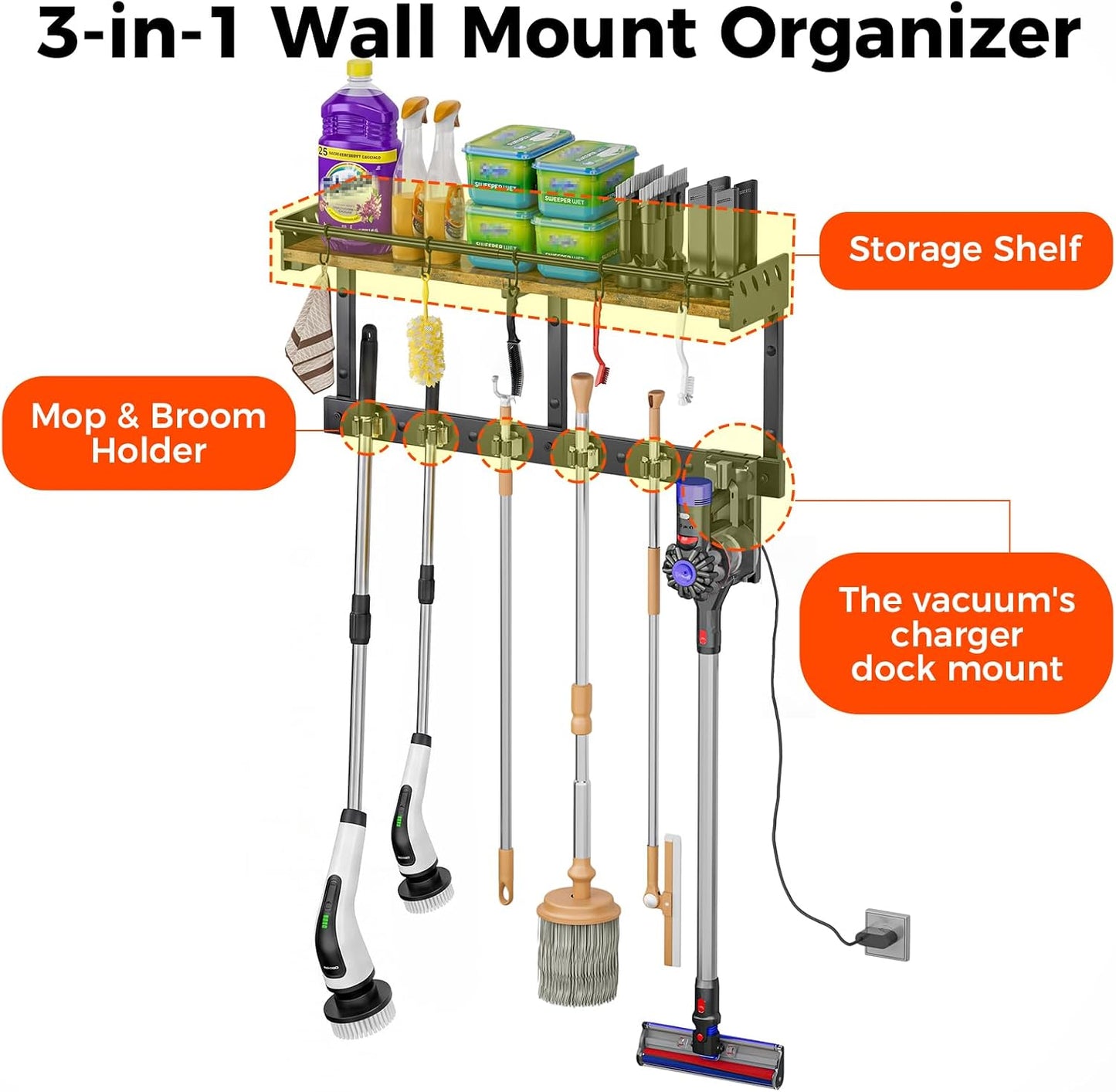 Broom Holder Wall Mount with Shelf, Black, L | 3 in 1 Broom and Mop Organizer, Wall Hanging, For Laundry, Garage, Utility, Vacuum Stand Alternative