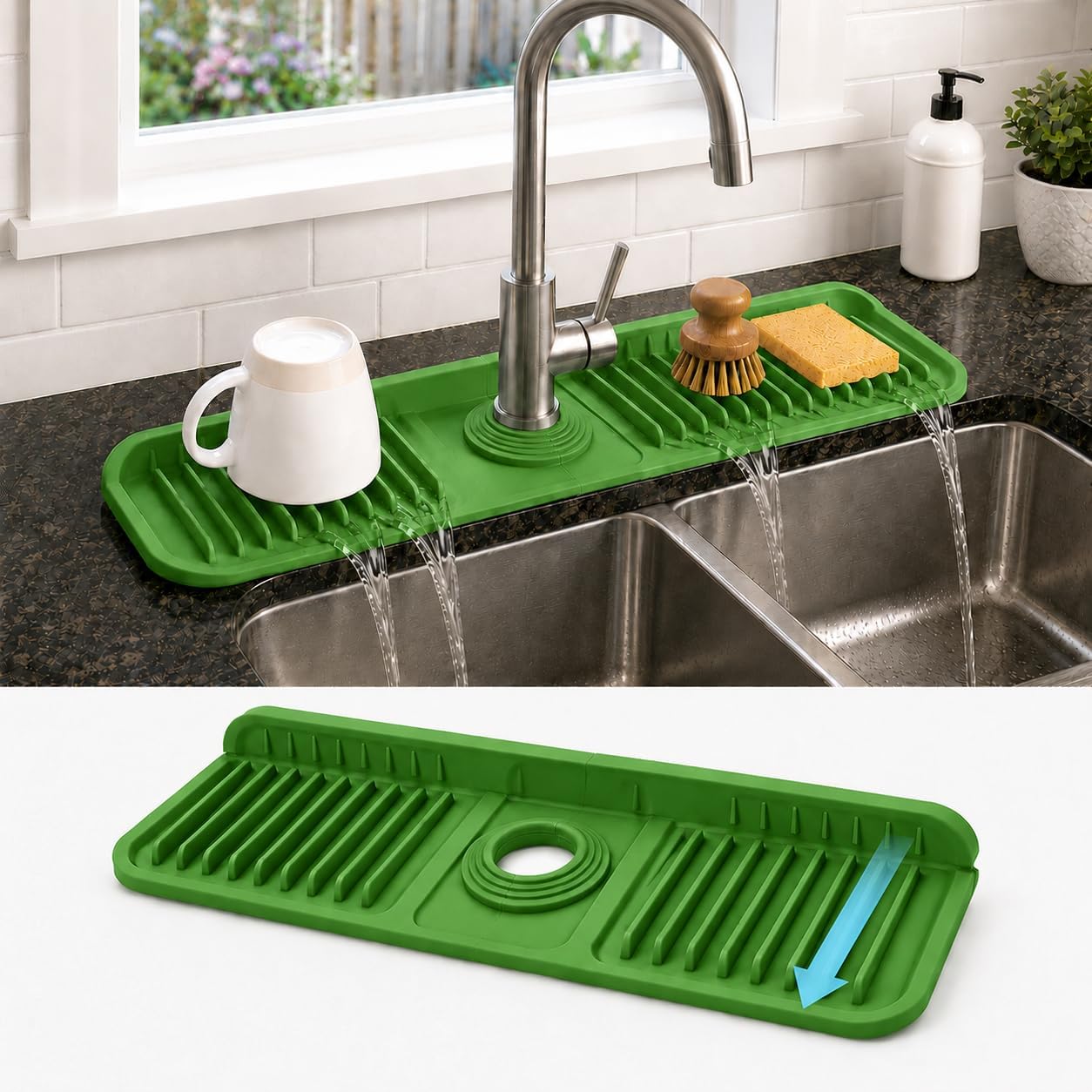 23" Extra Long Silicone Faucet Handle Drip Catcher Tray,7° Sloped Self Draining Mat with Snap-on Design & Soap Holder, Trim-to-Fit Opening,Sink Splash Guard for Kitchen & Bathroom(Green)