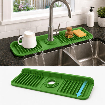 23" Extra Long Silicone Faucet Handle Drip Catcher Tray,7° Sloped Self Draining Mat with Snap-on Design & Soap Holder, Trim-to-Fit Opening,Sink Splash Guard for Kitchen & Bathroom(Green)