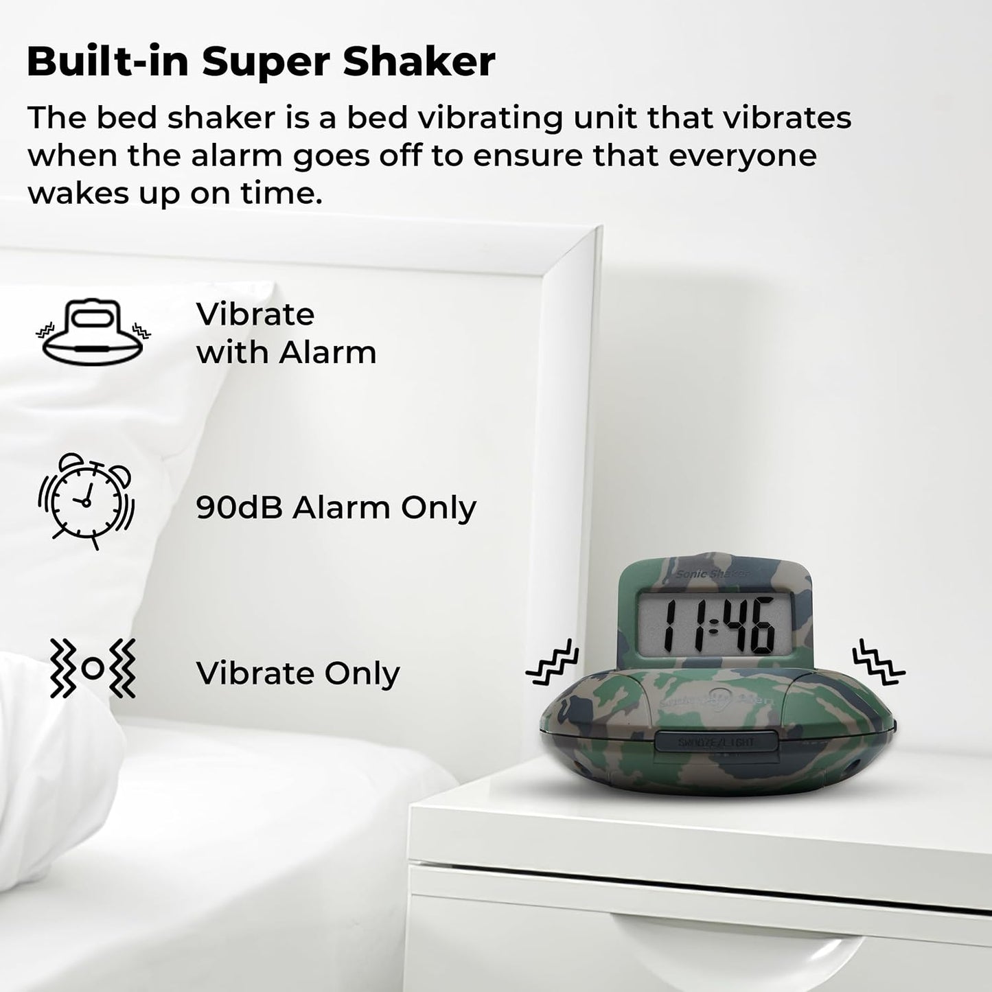 Sonic Alert Digital Alarm Clock - Small Travel Clocks for Heavy Sleepers - Battery Operated with Vibrating Bed Shaker - Green Camo