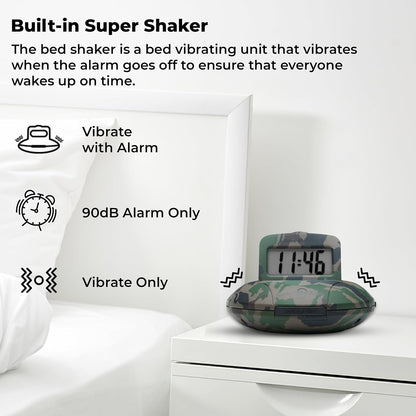 Sonic Alert Digital Alarm Clock - Small Travel Clocks for Heavy Sleepers - Battery Operated with Vibrating Bed Shaker - Green Camo