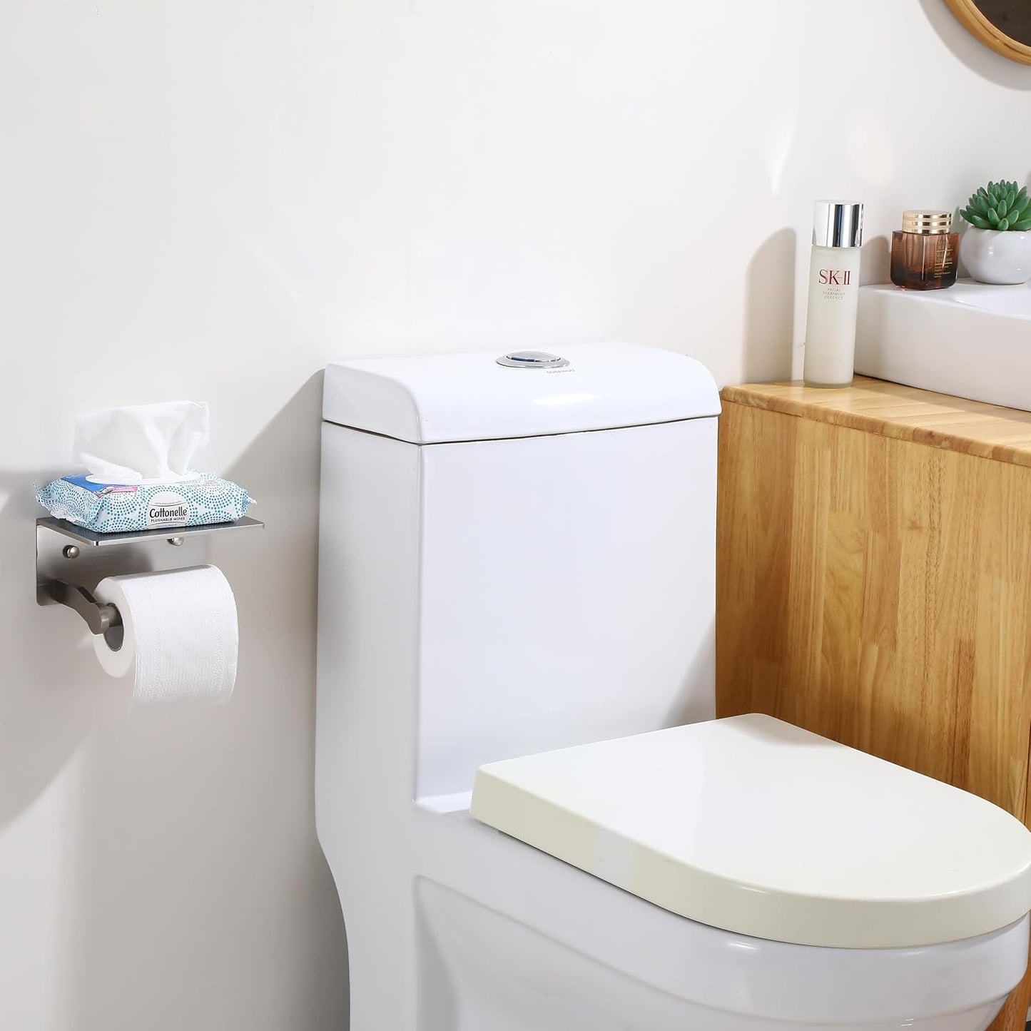 Toilet Paper Holder with Shelf, Adhesive or Screw Wall Mount Toilet Roll Holder for Bathroom, Rustproof Solid Aluminum Commercial Toilet Tissue Holder with Storage, Brushed Nickel