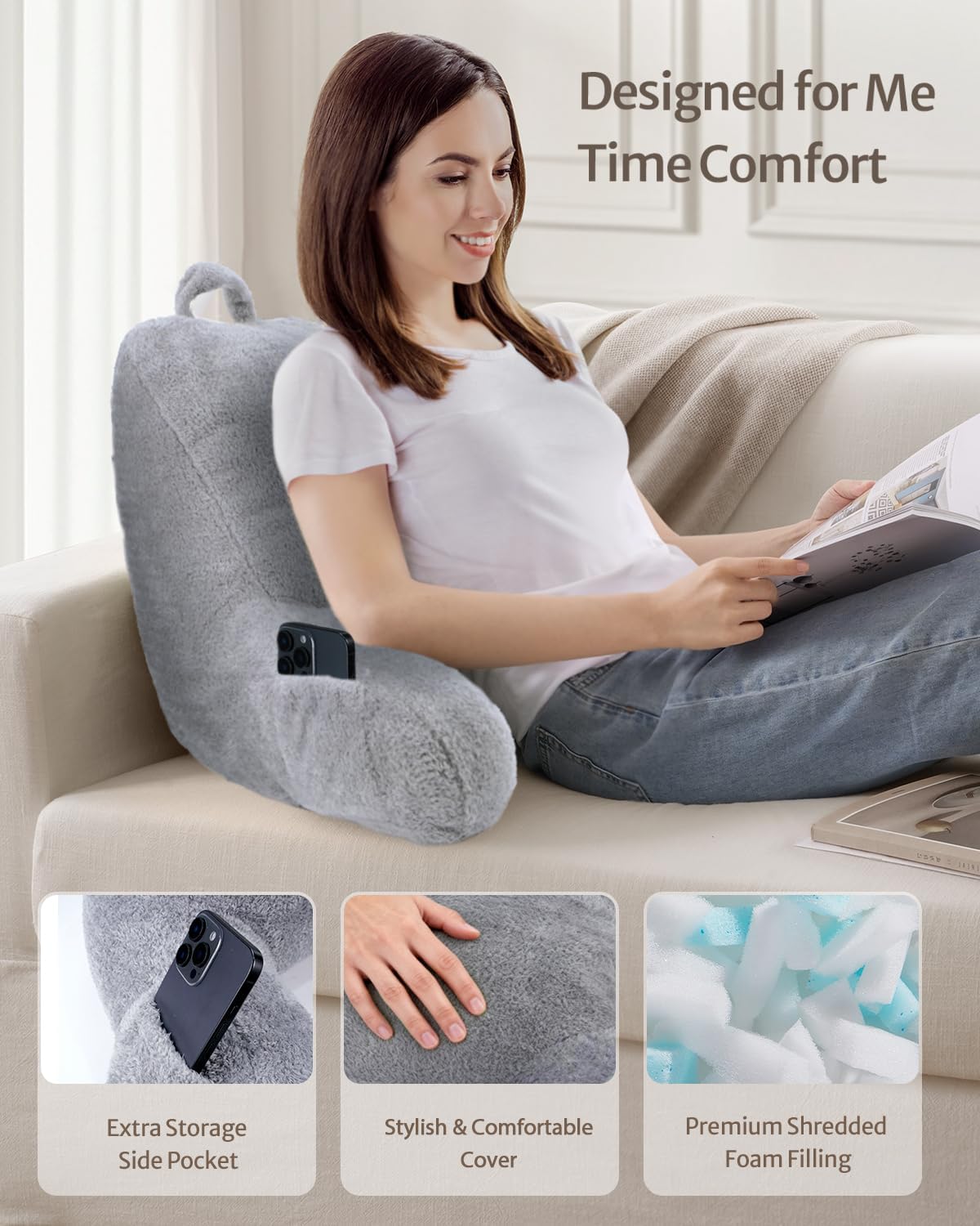 Blissful Diary Reading Pillow, Backrest Pillow with Shredded Memory Foam for Adult & Children, Designed for Bed and Couch Sitting Up, Includes Arms, Pockets and Washable Cover, Off White