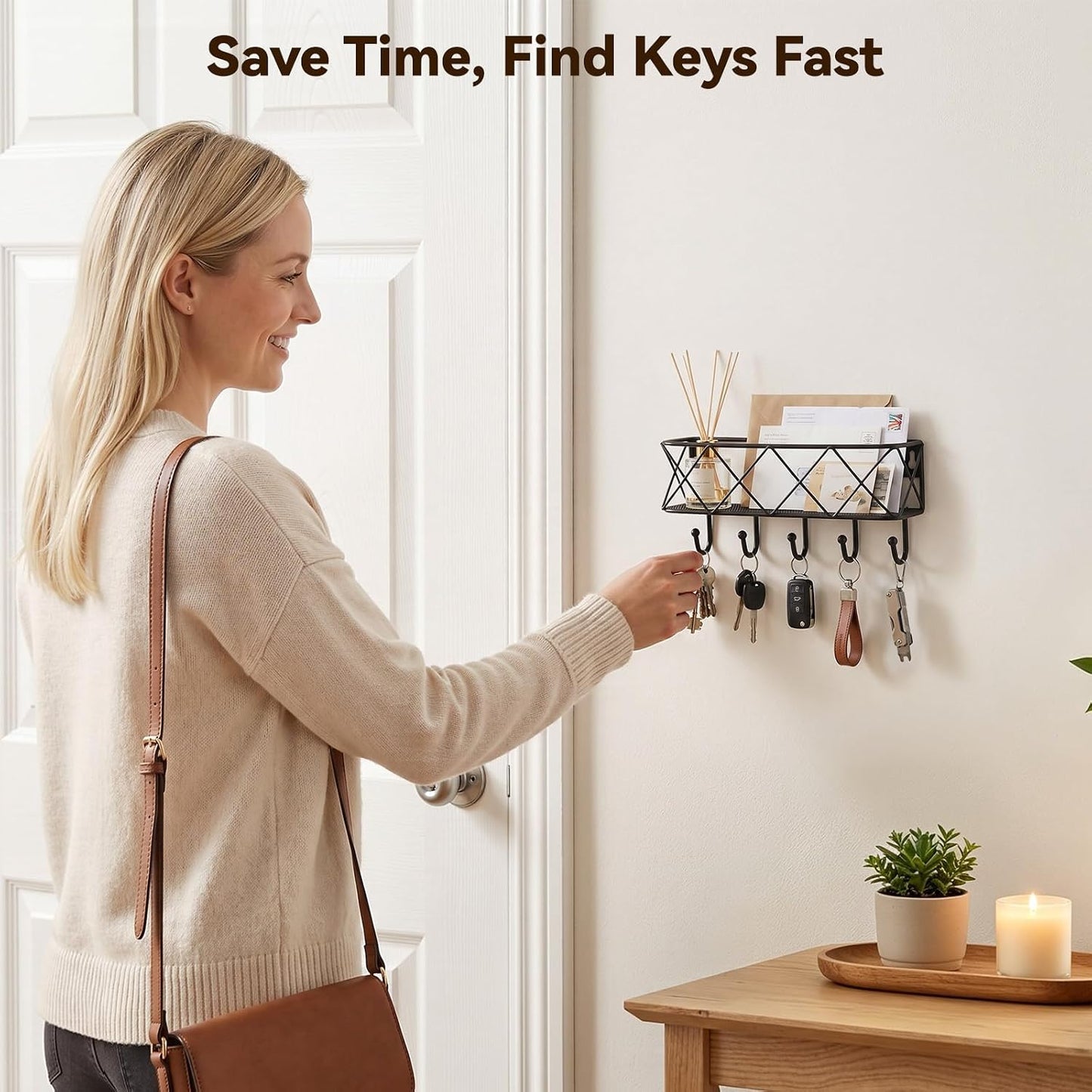 HappyHapi Key Holder Wall Mount, Metal Key Rack, 9.8”Lx2.1”Wx4.1”H | Wall Mounted Key Hooks for Wall with 5 Hooks, Mail Holder for Wall for Entryway, Bedroom, Living Room