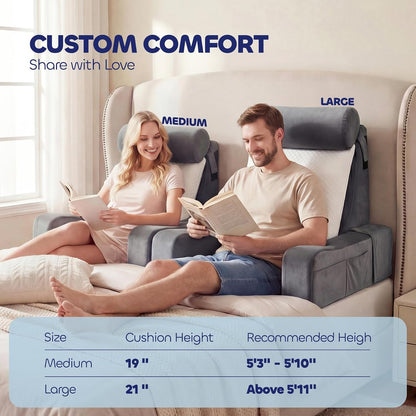 Ergonomic Reading Pillow for Bed Sitting Up, Adjustable Back Pillow with Detachable Armrests, Removable Leg Support Converts to Cylindrical Pillow, Machine Washable Cover with Pockets – Grey