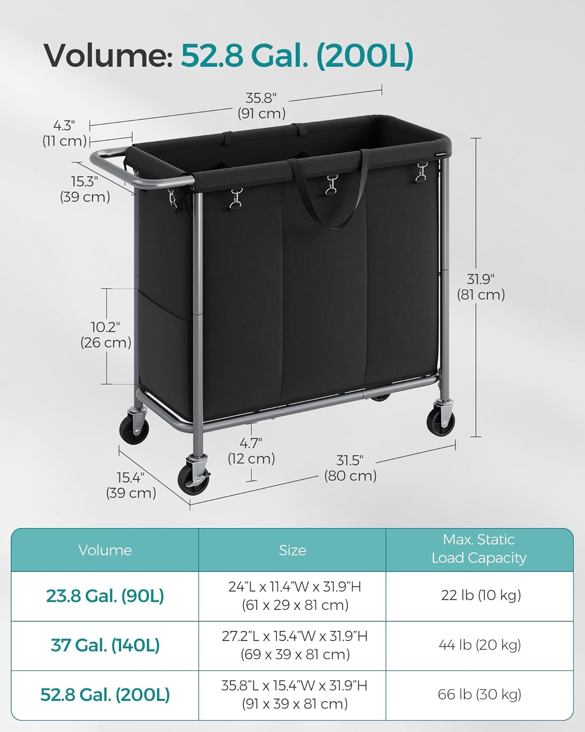 SONGMICS Laundry Basket with Wheels, 4-Section Rolling Laundry Hamper, 68.6 Gallons (260 L), Removable Liner, Steel Frame with Handle, 43.3 x 15.4 x 31.9 Inches, Cream White URLS014W01