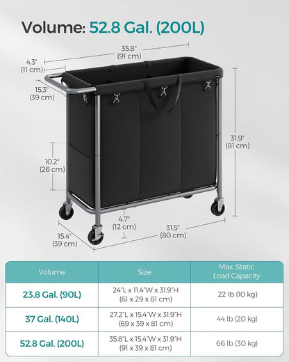SONGMICS Laundry Basket with Wheels, 4-Section Rolling Laundry Hamper, 68.6 Gallons (260 L), Removable Liner, Steel Frame with Handle, 43.3 x 15.4 x 31.9 Inches, Cream White URLS014W01