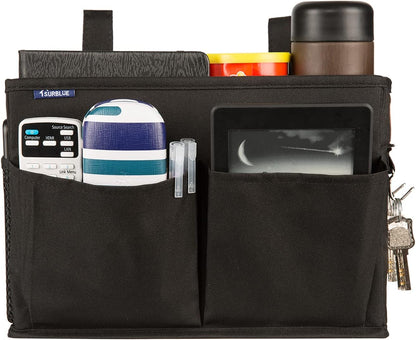 Surblue Bedside Caddy Hanging Organizer Storage Bag Pocket for Bunk, Hospital, College Dorm Rooms, Baby Bed Rails, Camp - 4 Pockets, 2 Hooks (Blue)