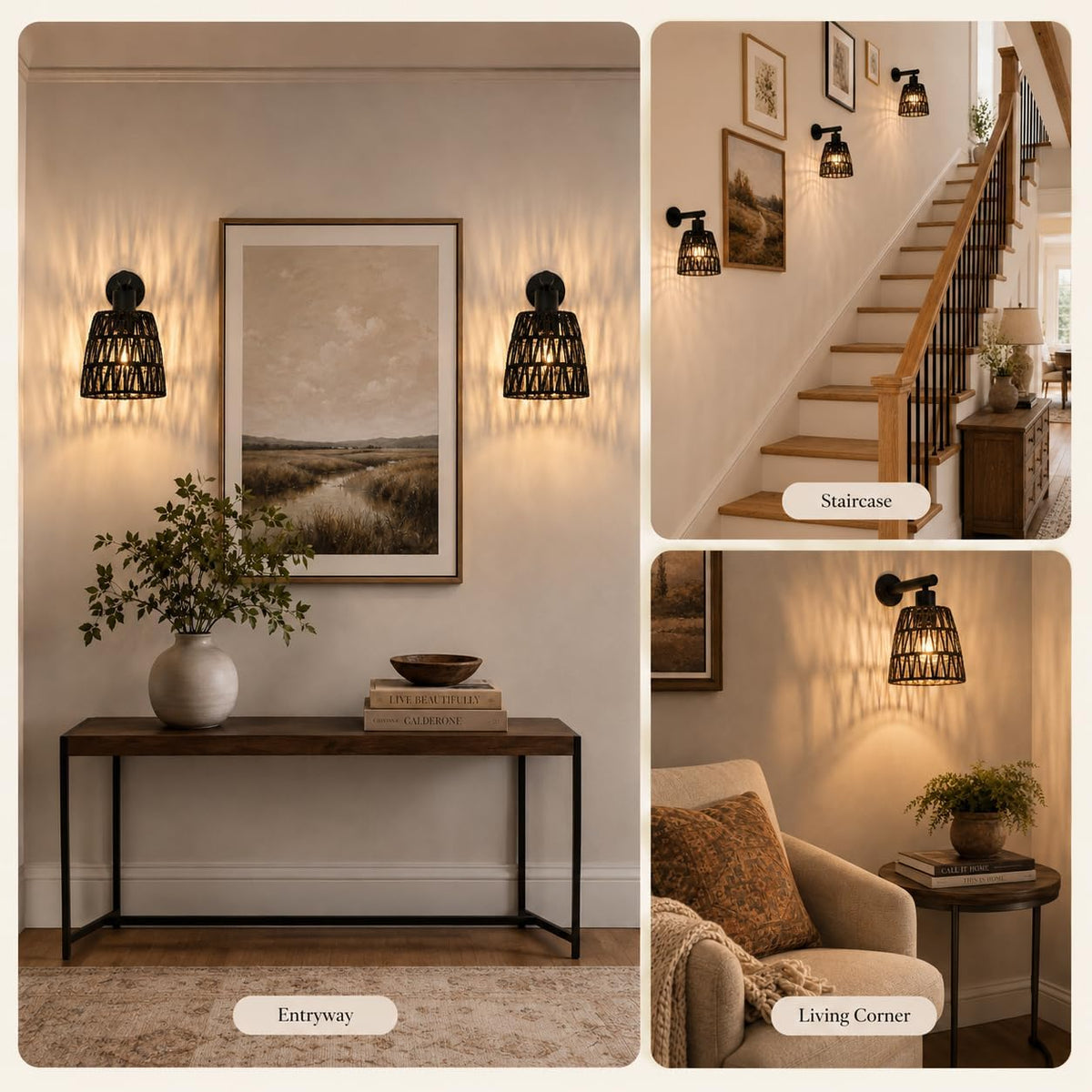 Boho Battery Operated Wall Sconces, Rattan Wall Sconce Set of 2 with Remote, RGB 15 Colors Dimmable Rechargeable Wall Light, Black Indoor Wireless Wall Lamp, Farmhouse Rattan Wall Lighting for Bedroom