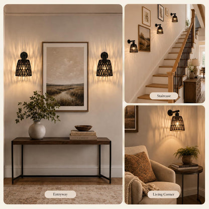 Boho Battery Operated Wall Sconces, Rattan Wall Sconce Set of 2 with Remote, RGB 15 Colors Dimmable Rechargeable Wall Light, Black Indoor Wireless Wall Lamp, Farmhouse Rattan Wall Lighting for Bedroom