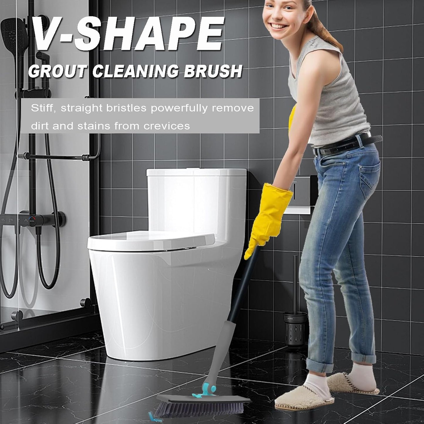 Grout Brush with Long Handle V Shape Floor Scrub Brush Stiff Bristle Grout Scrubber for Cleaning Bathroom Garage Kitchen Wall Tub Tile (1, White)