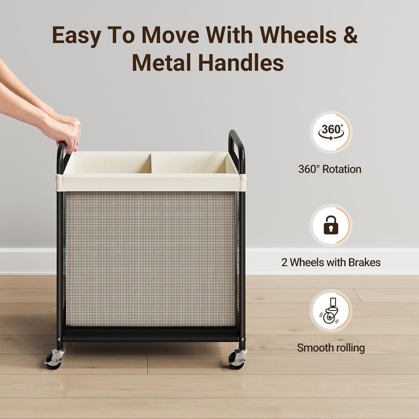 ELYKEN Laundry Hamper 2 Section, 100L Rolling Laundry Sorter with Wheels | Removable Washable Liner Bags, Sturdy Steel Frame and Metal Handle, Double Compartment Clothes Organizer for Laundry Sorting