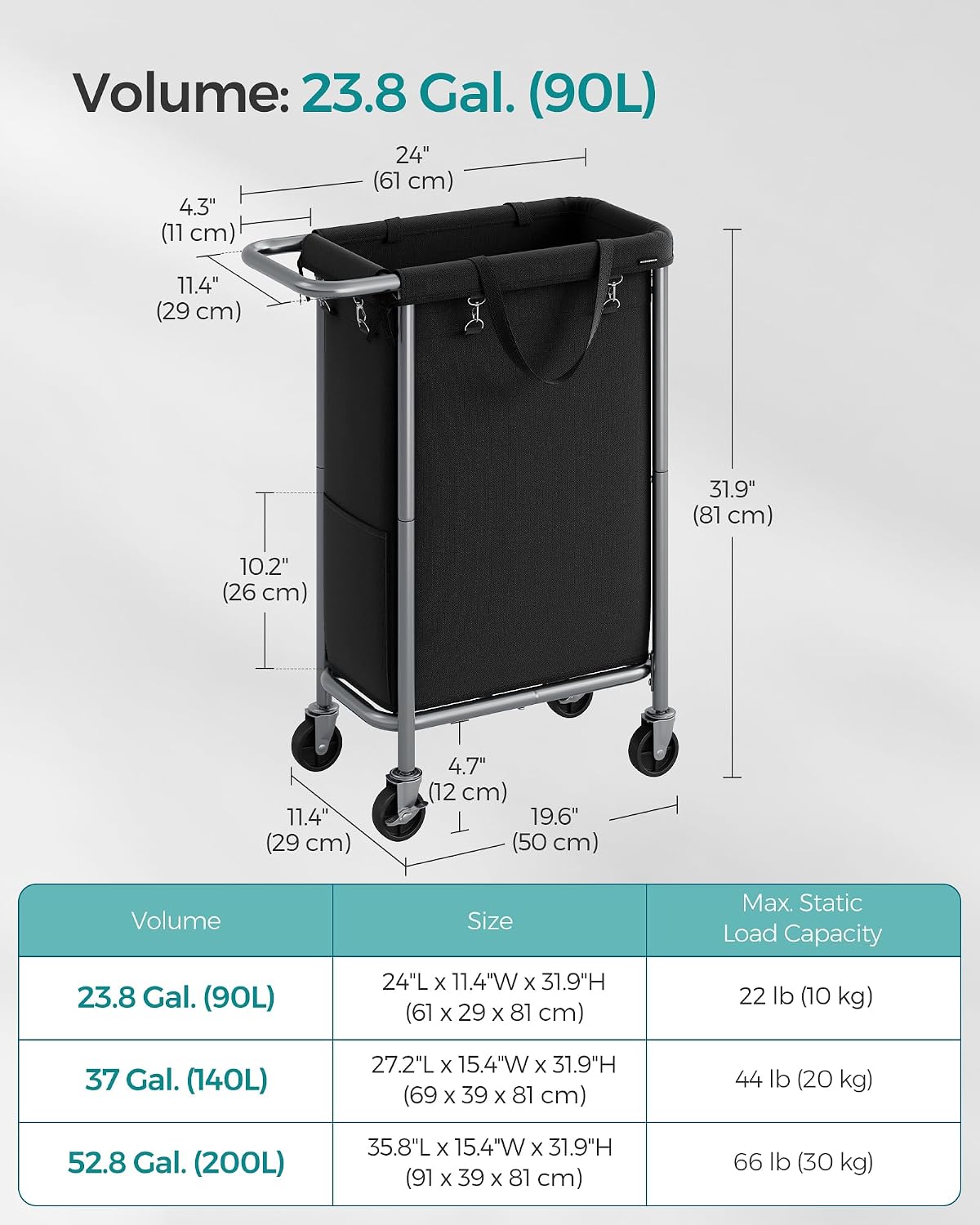SONGMICS Laundry Basket with Wheels, 4-Section Rolling Laundry Hamper, 68.6 Gallons (260 L), Removable Liner, Steel Frame with Handle, 43.3 x 15.4 x 31.9 Inches, Cream White URLS014W01
