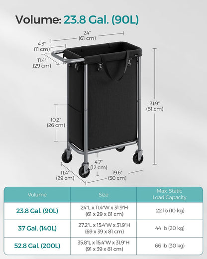 SONGMICS Laundry Basket with Wheels, 4-Section Rolling Laundry Hamper, 68.6 Gallons (260 L), Removable Liner, Steel Frame with Handle, 43.3 x 15.4 x 31.9 Inches, Cream White URLS014W01