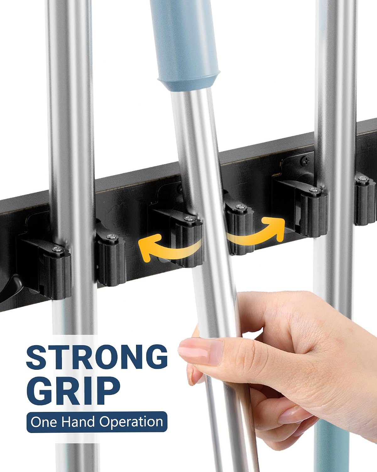 Lorbro Broom Holder Door Mount, Wood Over the Door Broom and Mop Holder | 4 Slots 4 Hooks, No Drill Setup, EVA Protection Pads, Secure Grip, Laundry Garage Closet Kitchen Use, White
