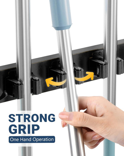 Lorbro Broom Holder Door Mount, Wood Over the Door Broom and Mop Holder | 4 Slots 4 Hooks, No Drill Setup, EVA Protection Pads, Secure Grip, Laundry Garage Closet Kitchen Use, White