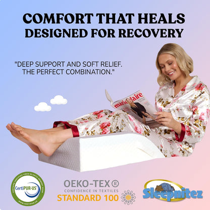 Wedge Pillow for Leg Elevation, Swelling and After Surgery Care | 2" memory foam top for both legs, knee replacement and foot elevation; 24 x 19.2 x 7 design with soft removable Tencel cover.