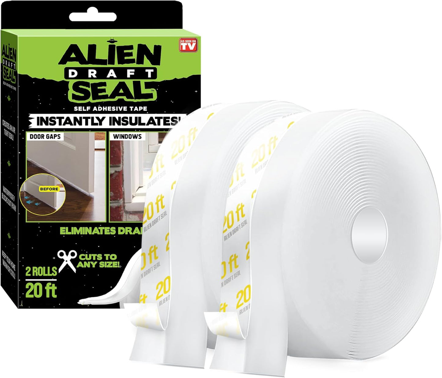 Alien Draft Insulation Tape Transparent Silicone Weather Stripping Door Seal Strip and Under Door Draft Stopper for Windows and Door Bottoms As Seen On TV (20 Feet - 2 Rolls)
